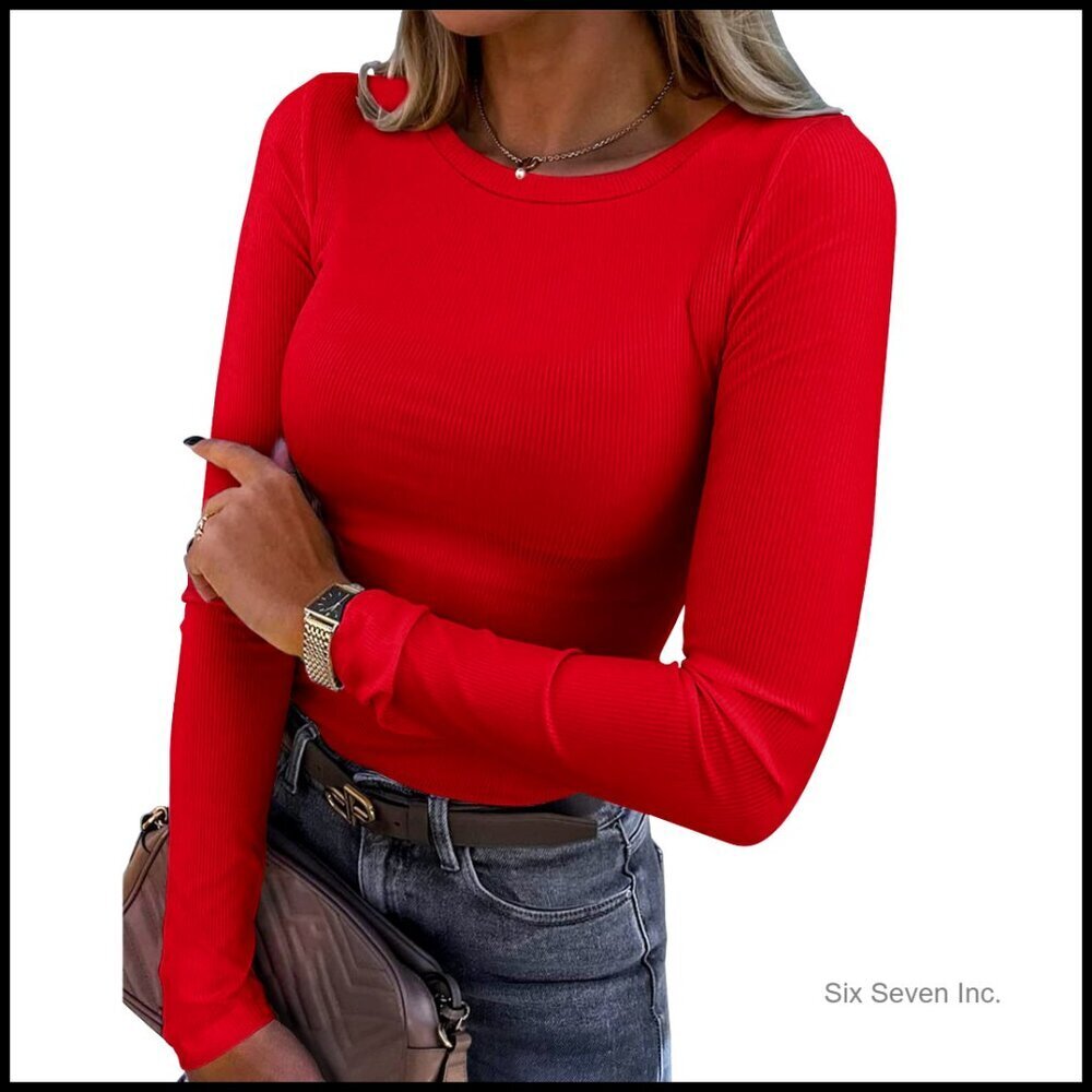 Long Sleeve Ribbed T-Shirt Fitted Stretch Crewneck Casual Basic Tops